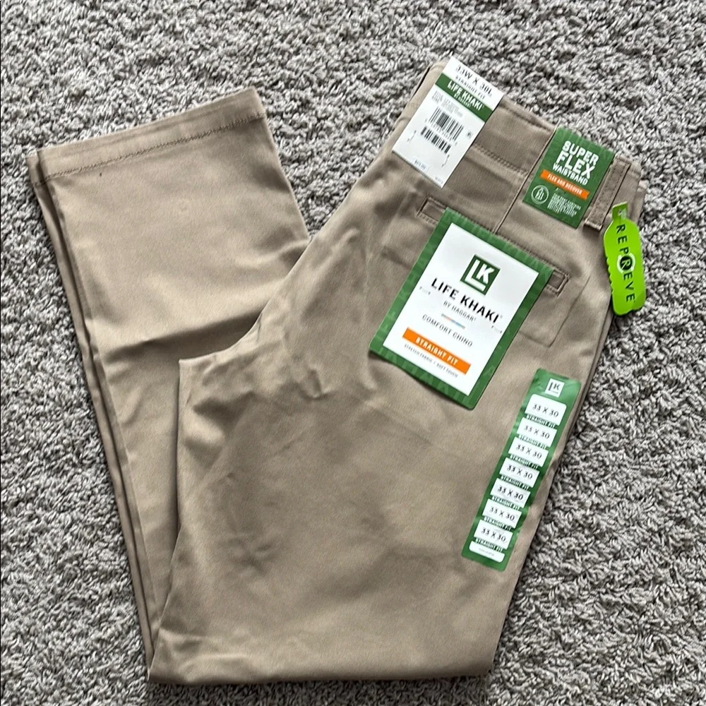 Haggar Men's Life Khaki Comfort Chino Flat Front Pant, Medium Khaki, 33x30